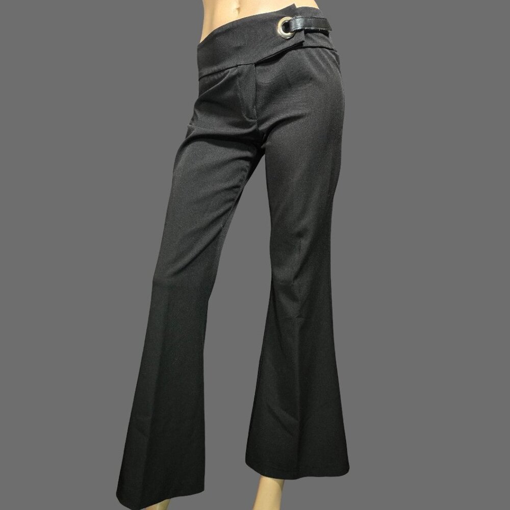 Vintage 90s Y2K Black Flare Wide Leg Pants Size M Silver Buckle Mid Rise